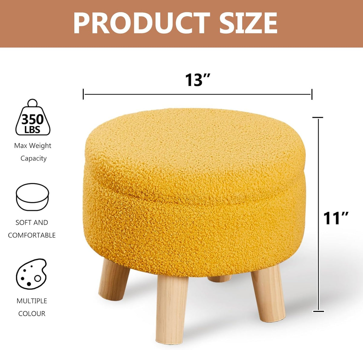 Wimarsbon Storage Ottoman, Modern Round Footrest with Soft Padded Seat, Teddy Velvet Footstool with Wood Legs, Accent Small Table or Plant Stand for Hallway, Living Room (Brilliant Yellow)