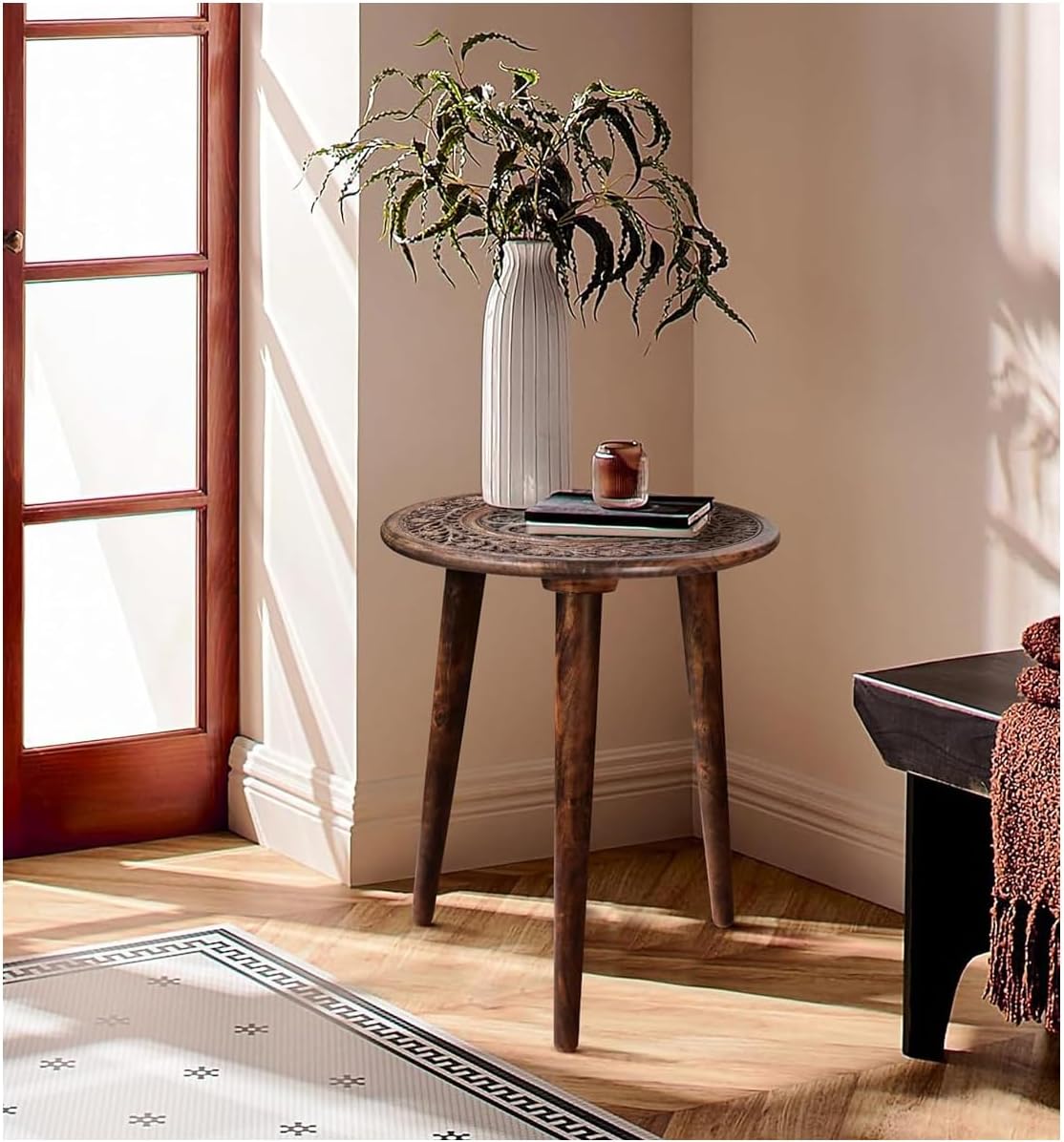Wooden Table with 3 Legs Pillar,Carving End Tables,Round Coffee Table for Livingroom,Entryway Table,Living Room Side Table for Magazines,Books and Plants - 18"x22" - Burnt