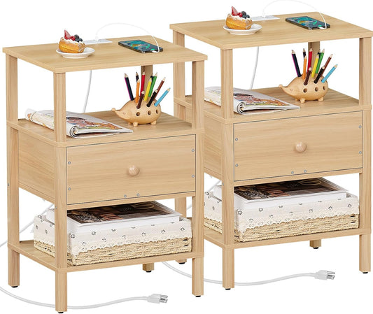 Lerliuo Nightstand Set of 2 with Charging Station and USB Ports, 3-Tier Storage End Table with Drawer Shelf, Night Stand for Small Spaces, Wood Bedside Table for Living Room, Bedroom - Natural Wood