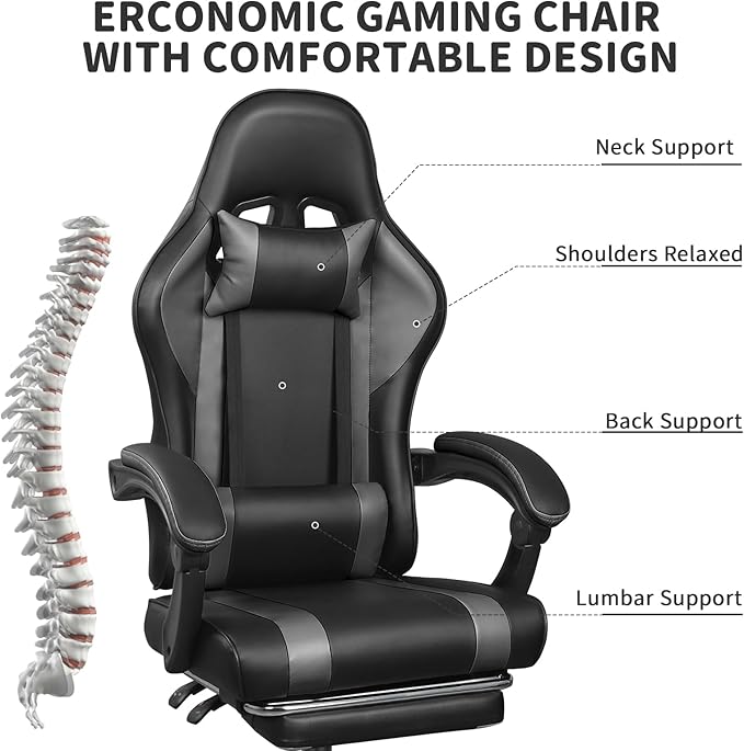Gaming Chair with Footrest and Massage Lumbar Support, Height Adjustable Game Chair, Video Gaming Chair for Gaming Room, Living Room and Office - Black/Grey