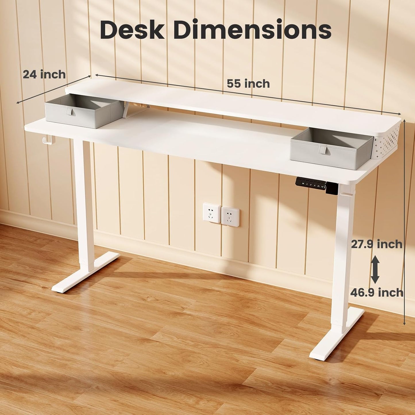 Standing Desk with Drawers and Brushless Motor,Electric Height Adjustable Desk for Walking Pad,Ergonomic Stand Up Desk for Home Office & Gaming,3 Memory Height Preset & Hooks(55" x 24",White)