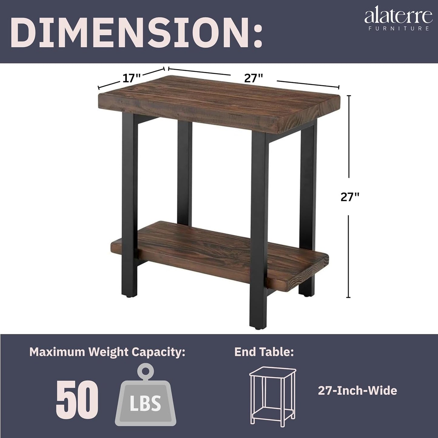 Pomona 27-Inch Wood End Table in Rustic Natural Finish with Metal Legs - 2-Tier Modern Farmhouse Side Table for Home Décor or Accent in Living Room, Bedroom, and Office by Alaterre Furniture