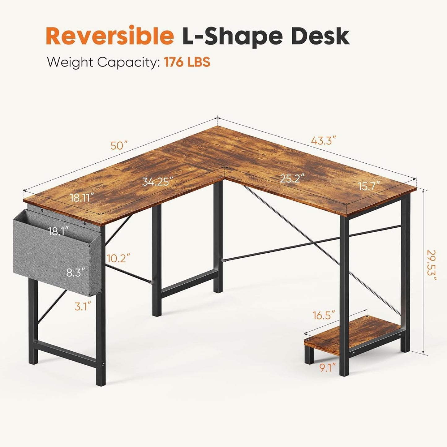 Whitmor L Shaped Gaming Desk - 50 Inch Reversible Corner Computer Desk with Wood Top, Metal Frame, CPU Stand & Side Bag, Home Office Dorm Sturdy Writing Workstation, Brown
