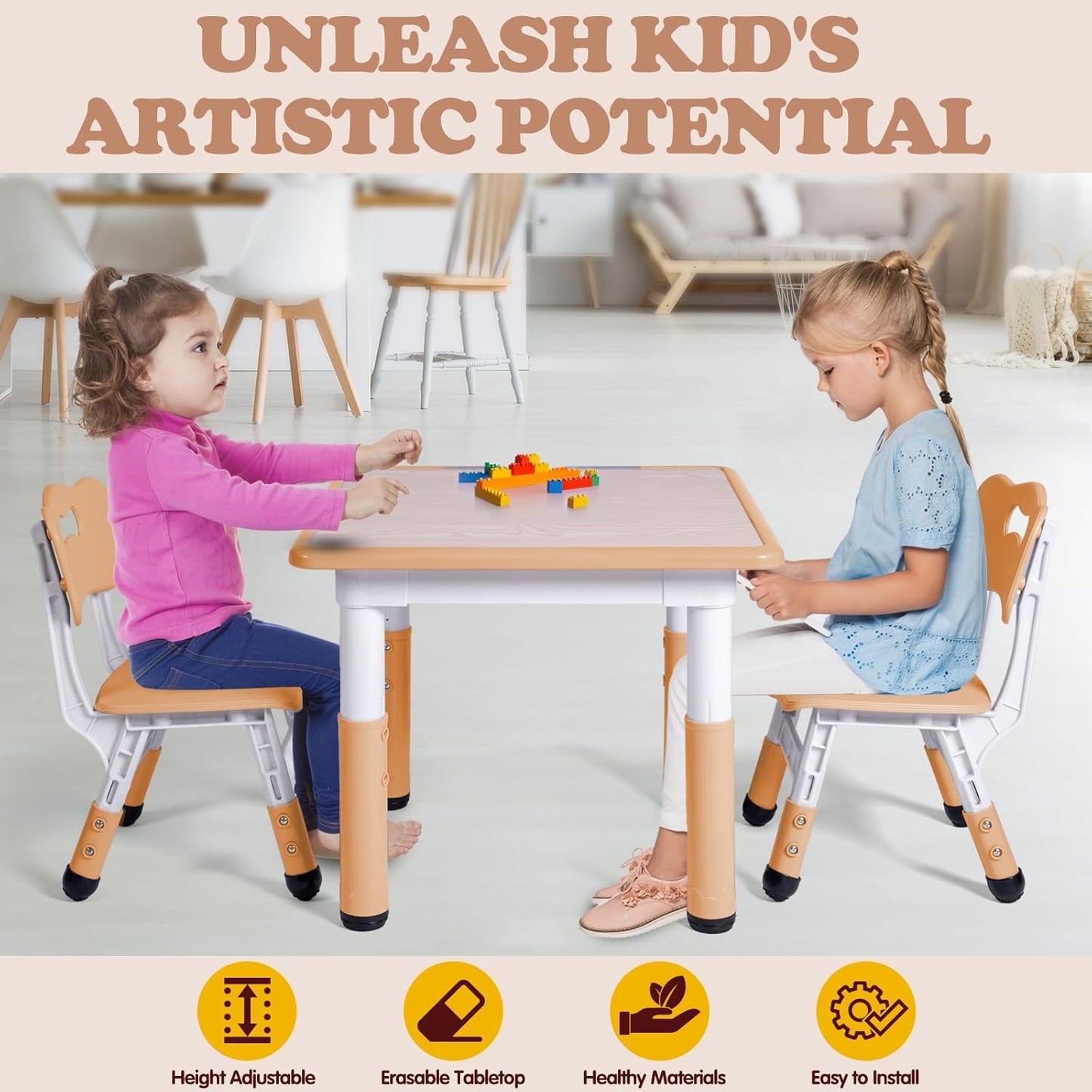 Kids Table and 2 Chairs Set, Height Adjustable Toddler Study Table and Chair Set, Kid Size for Ages 3-8 Children, Graffiti Desktop, Easy to Wipe/Arts & Crafts, Homes/Classrooms/Daycare (Beige)