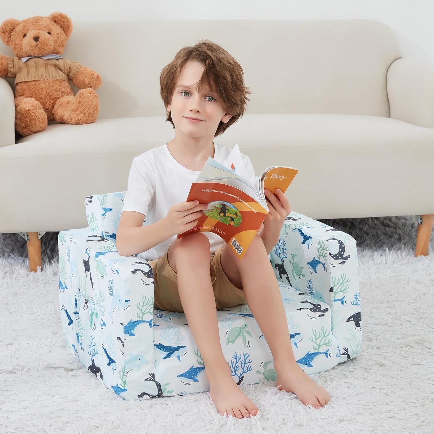 Viviland Kids Chairs for Toddler,2-in-1 Soft Toddler Couch Fold Out,Convertible Soft to Lounger Toddke Chair Comfy for Girls and Boys,Blue Whale