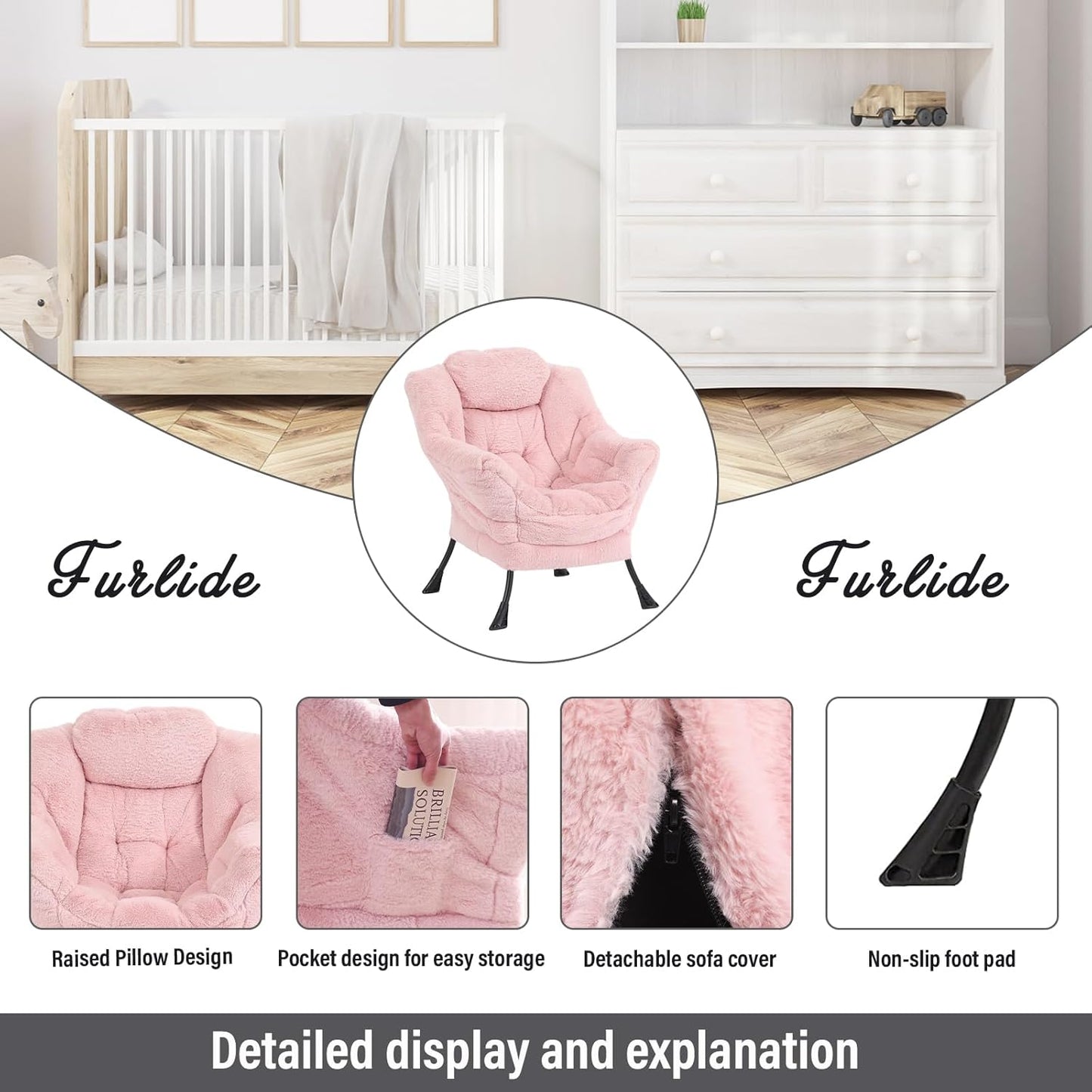 Lazy Chair with Ottoman, Modern Chair with Folding Footrest, Lounge Accent Chair, Comfortable Reading Chair, Oversized Armchairs for Bedroom, Study, Living Room(Plush Pink)
