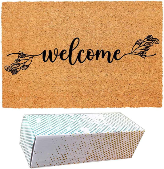 Funny Coir Doormat with Welcome Floral Design Botanical Theme - Front Door Mat, Entryway Welcome Mat, 23.7 x 15.7 inch