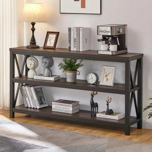FATORRI Console Table for Entryway, Sofa Tables Behind Couch, Rustic Wood and Metal Foyer Table with 3 Tier Shelves for Hallway Living Room, Front Door (55 Inch, Walnut Brown)