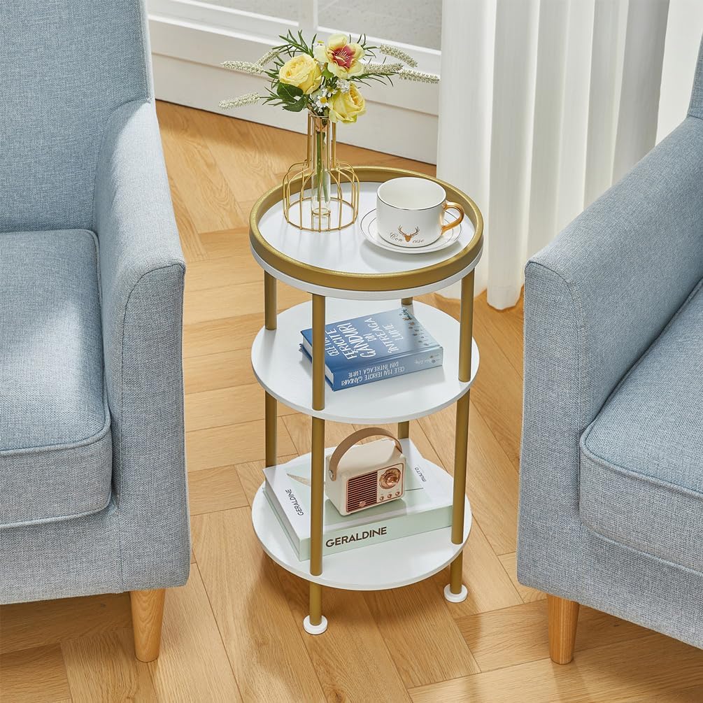 Small Round End Table with Charging Station, 3-Tier Accent Couch Beside Table with USB Ports & Power Outlets, Sofa Side Table for Living Room Small Nightstand Bedroom (Classic, White+Gold)