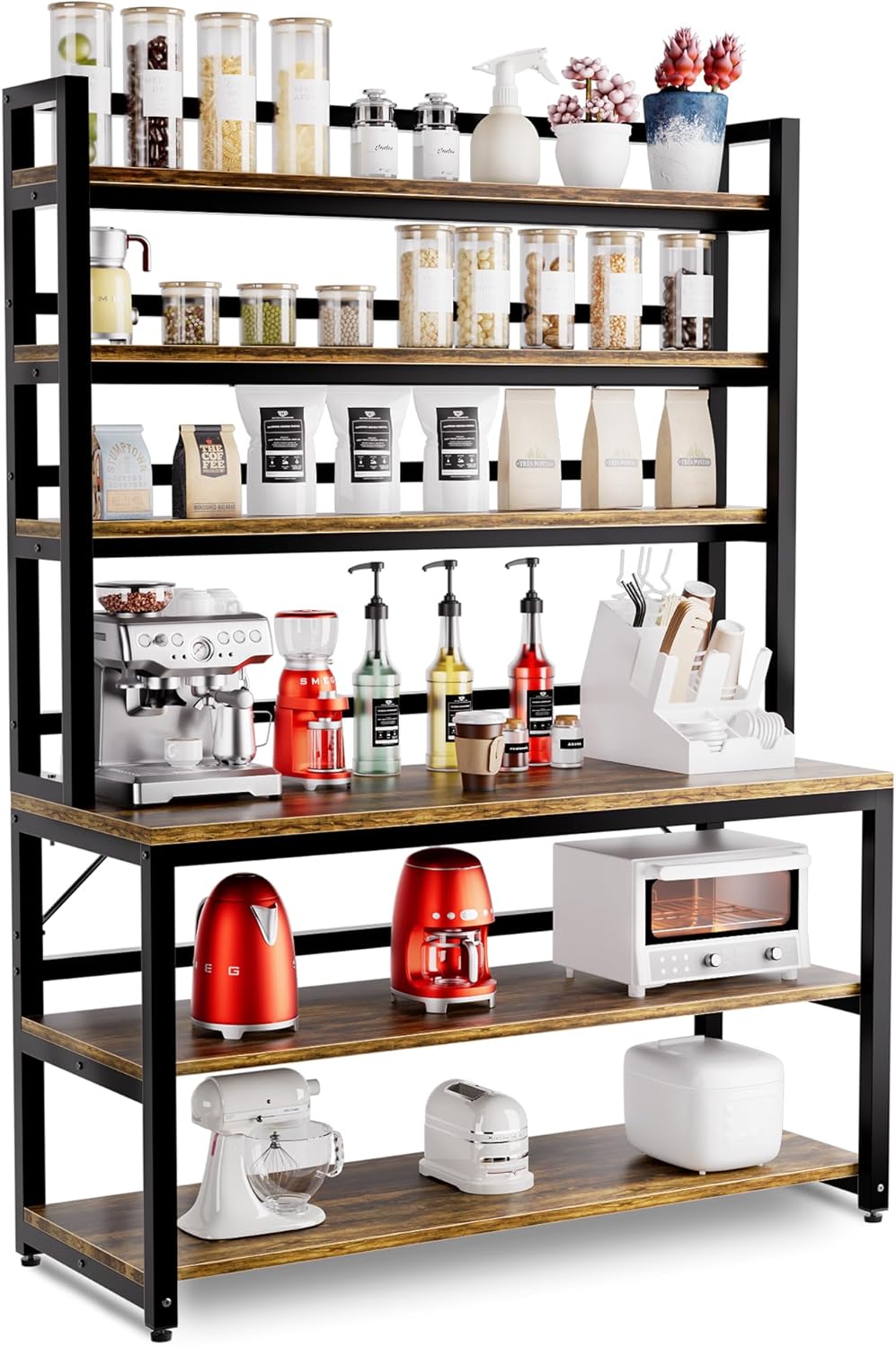 Aquzee Bakers Racks for Kitchens with Storage, 6 Tiers Large(47.2“W x 15.7”D x 70.8" H) Kitchen Stand with Hutch, Freestanding Organizer with Shelves,Rustic Brown