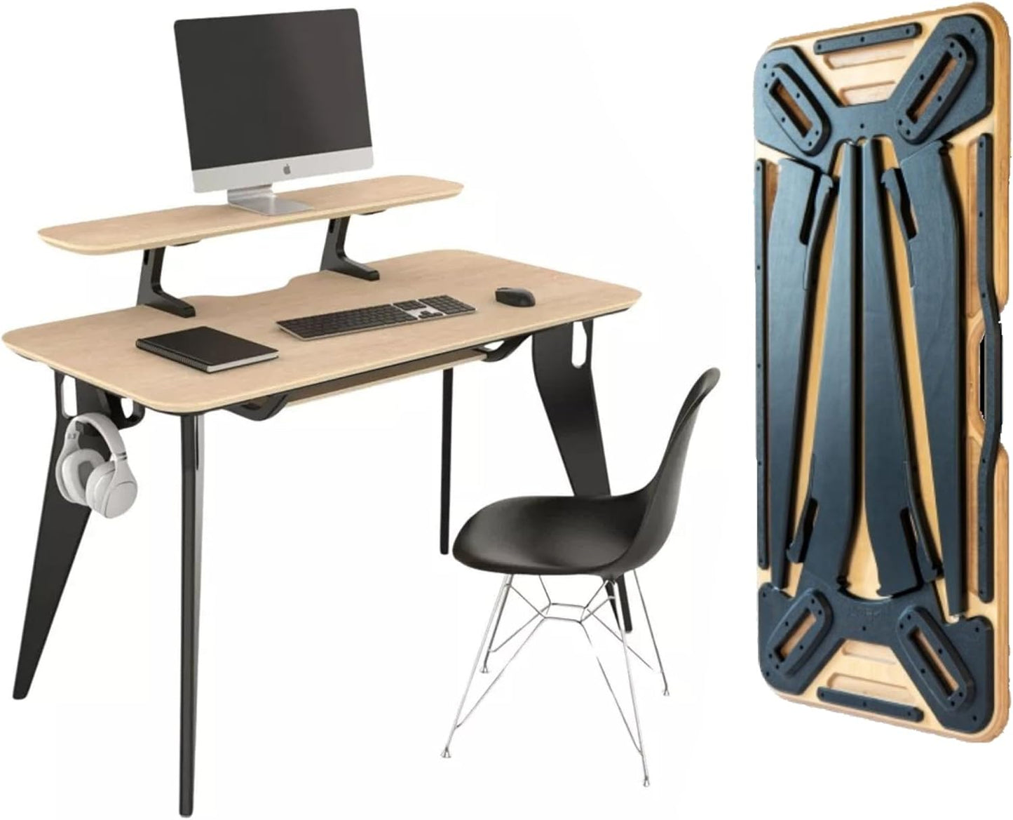 HOEK Office Desk Bundle, 47.5" x 23" - Modular Shelving, Storage Hook, Wall-Mountable Desk for Small Spaces & Work from Home Solutions - Easy Assembly Set Up & Compact Home Furniture (Birch/Black)