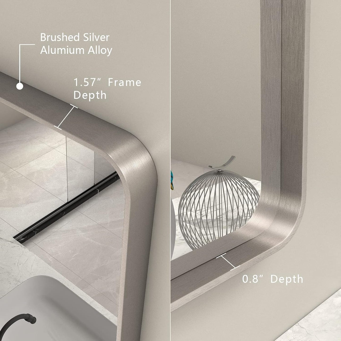 16x24 Inch Brushed Nickel Bathroom Mirror, Rounded Rectangle Silver Metal Frame Mirror, Silver Bathroom Vanity Mirror, Anti-Rust, Hangs Horizontally or Vertically