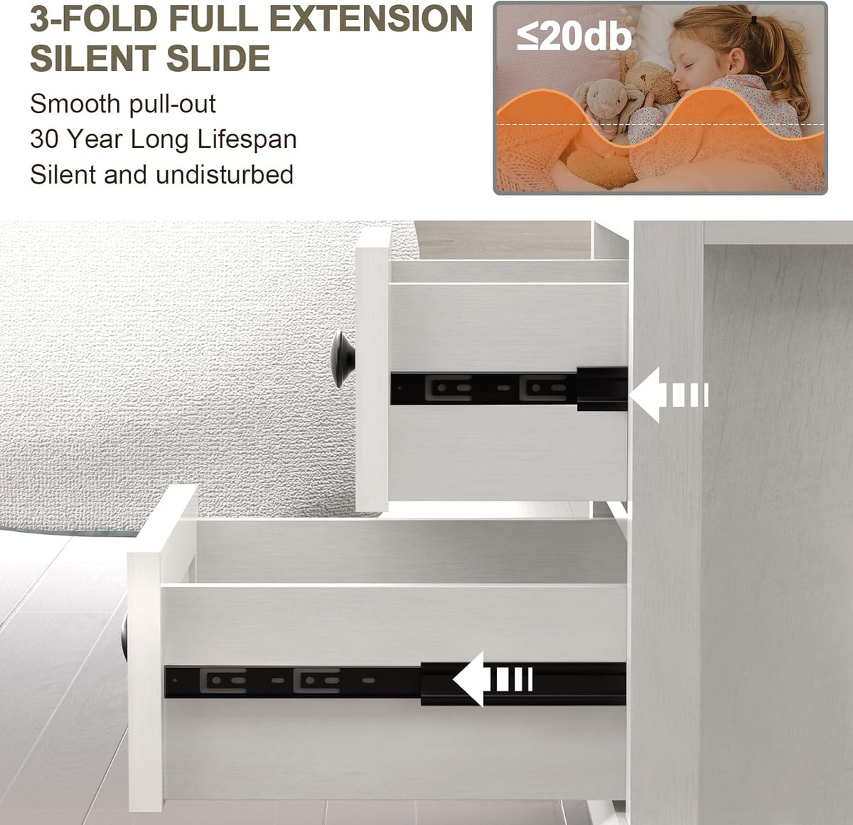 End Table with Fast USB C Charging Station, 18" Wide Tall Sofa Side Table with 2 Drawers, Large Storage Rustic Wood Square Storage Cabinet for Living Room,Bedroom,Office, White