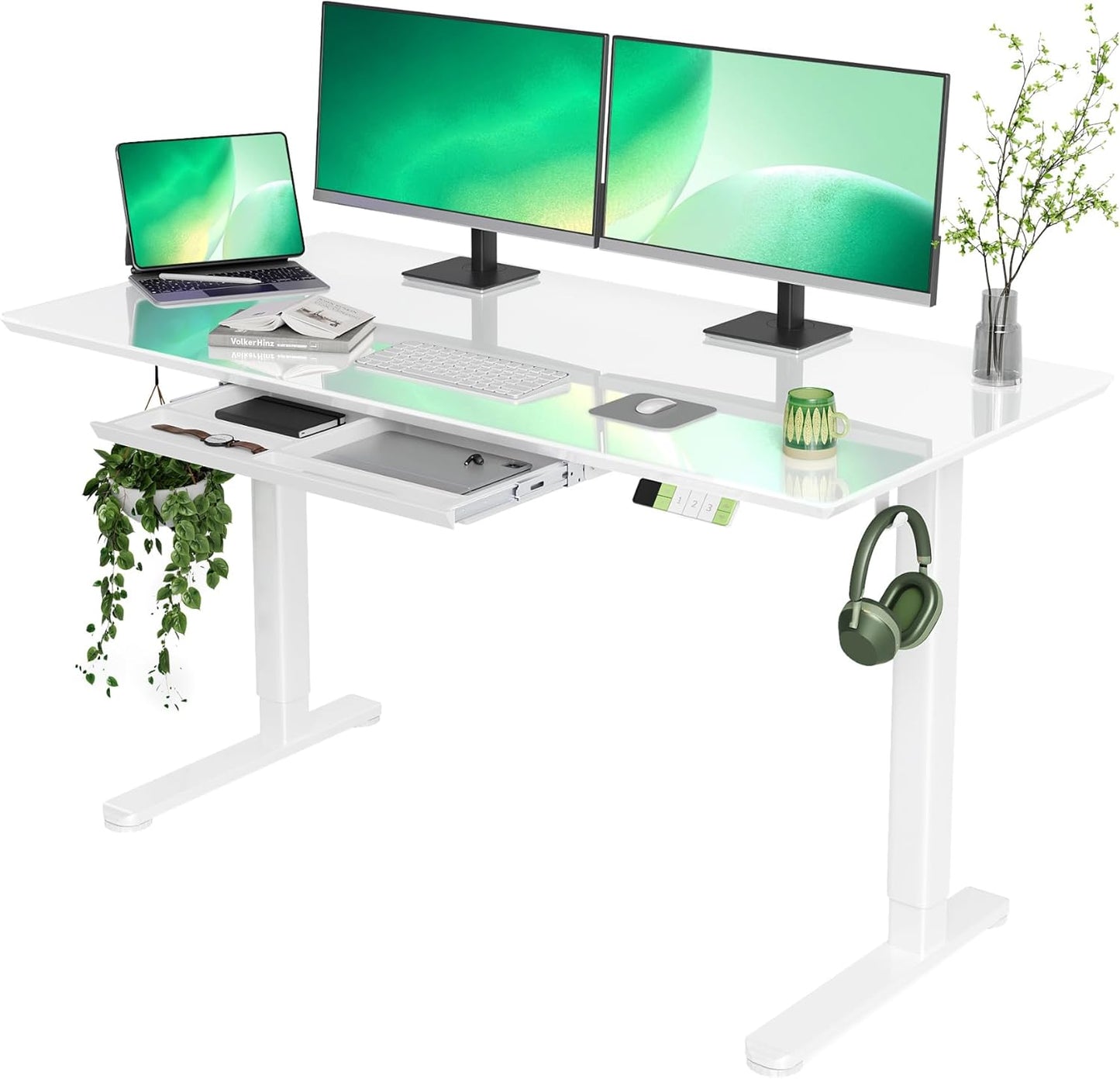 INNOVAR Glass Standing Desk with Drawers, 55×24 Inch Adjustable Stand Up Desk Quick Install Home Office Computer Desk, White