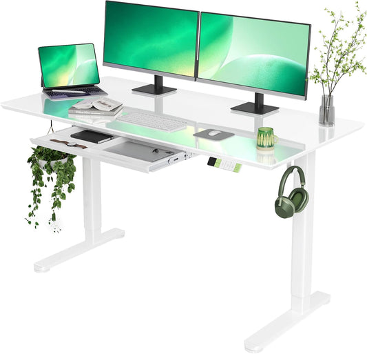 INNOVAR Glass Standing Desk with Drawers, 55×24 Inch Adjustable Stand Up Desk Quick Install Home Office Computer Desk, White