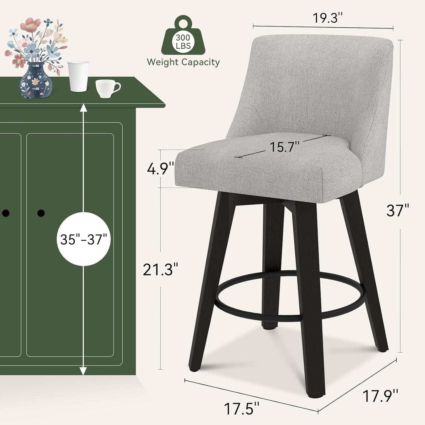 Vipbear Swivel Counter Height Bar Stools Set of 6,26.8" H Counter Stools with Back, Mid Century Modern Bar Stools for Kitchen Island,Linen Fabric,Wooden Base, Light Gray