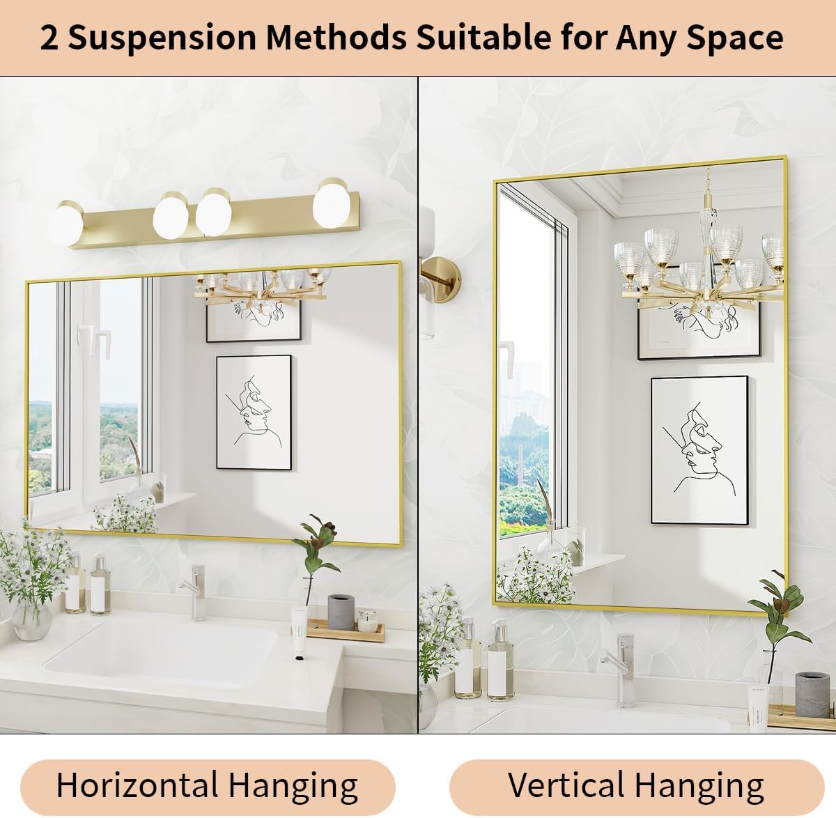 Koonmi Gold Mirrors for Wall, 30x60 Inch Bathroom Mirror, Rectangular Wall Mirror for Living Room Bedroom Bathroom, Hangs Horizontally or Vertically