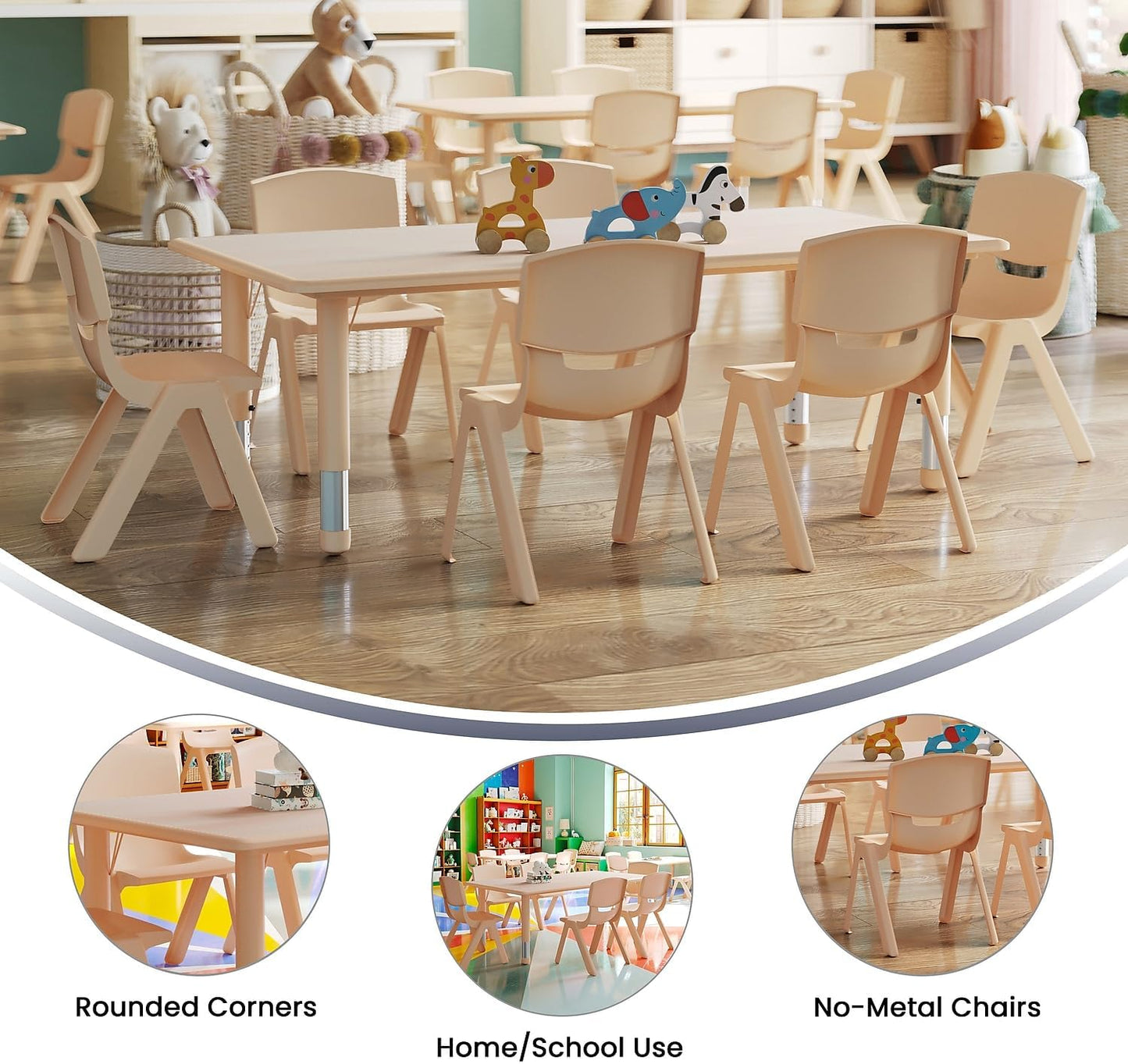 Flash Furniture Emmy Adjustable Classroom Activity Table with 6 Stackable Chairs, Plastic Activity Table for Kids, 23.625" W x 47.25" L, Natural