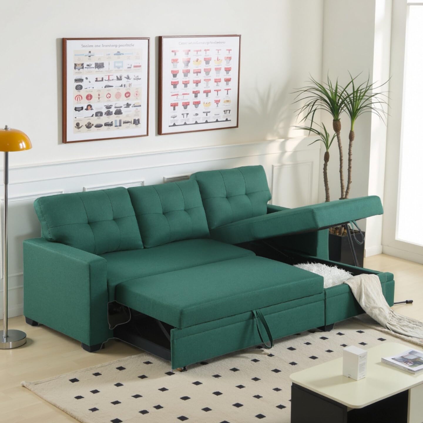 L-Shape Sofa Bed, 82" Sectional Couch with Storage Chaise, Pull Out Sleeper Sofa with Removable Back Cushions, Convertible Corner Couch for Living Room Apartment, Green