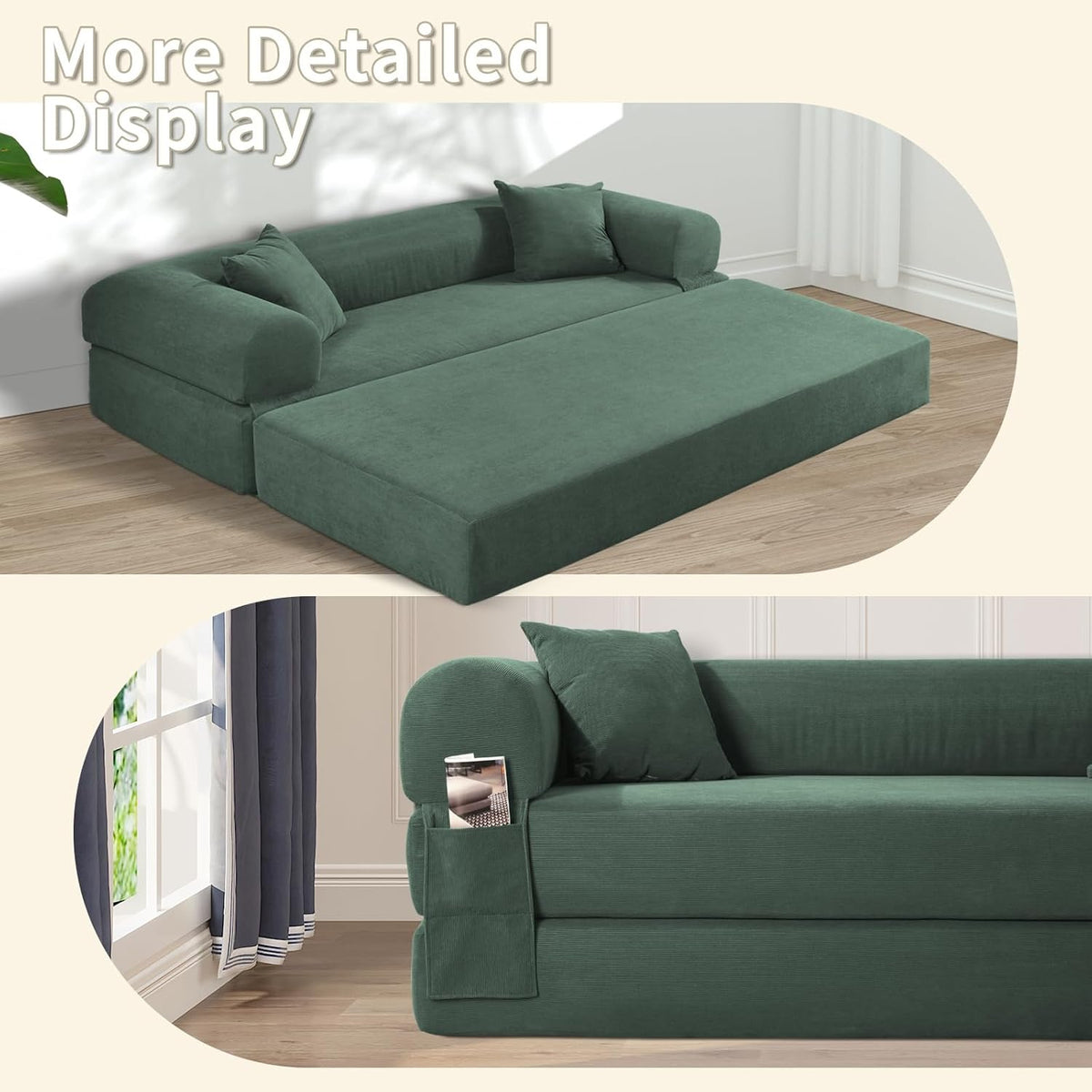 80" Convertible Sofa Bed, 3-in-1 Corduroy Folding Pull Out Couch with Pillows, No Assembly Modern Boneless Couch Compression Sofa in Box, Floor Sofa with Side Storage for Living Room,Light Green