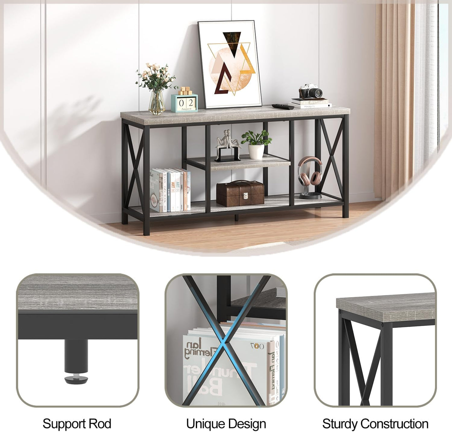 FOLUBAN Modern TV Stand for TVs up to 55 Inch, Rustic Wood Entertainment Center with Storage Shelves, Industrial Media TV Console and TV Table for Living Room Bedroom, 47 Inch Light Grey