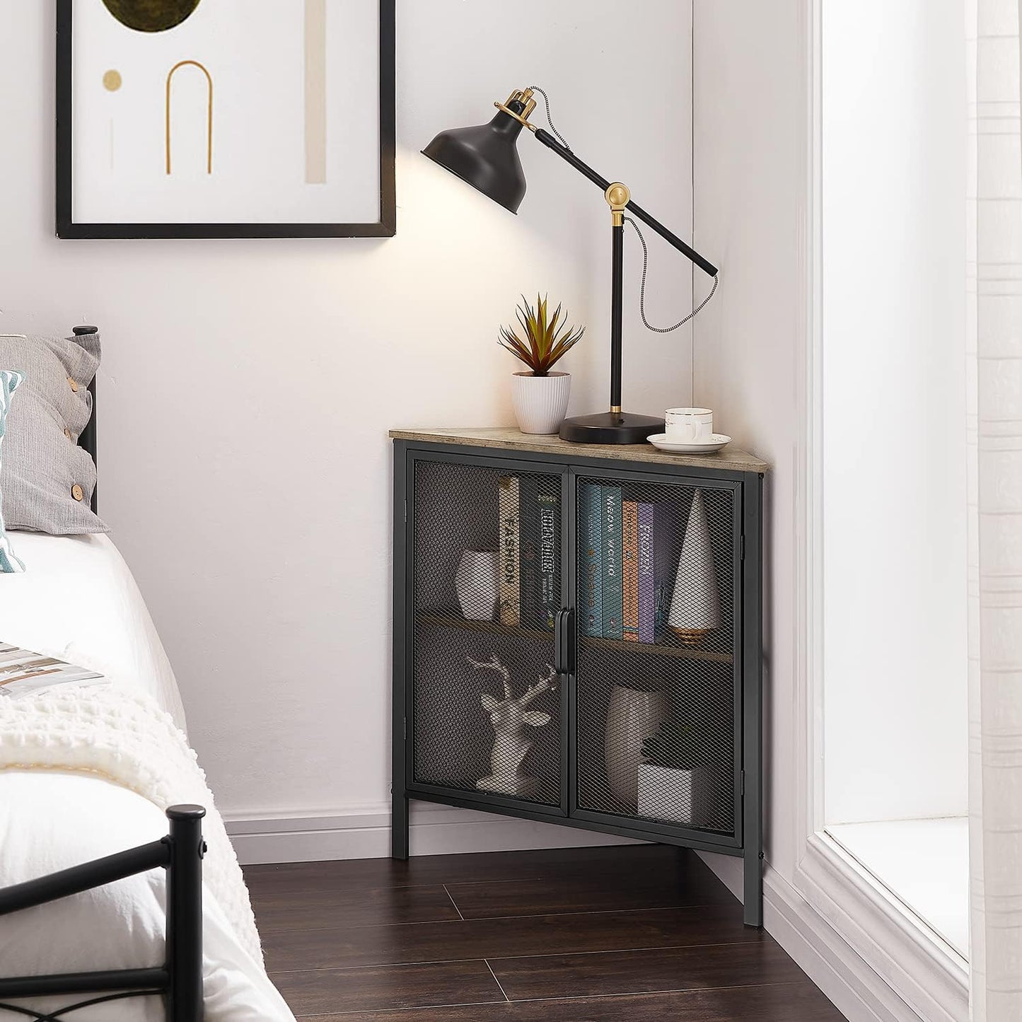 VECELO Corner Cabinet/Table, 3-Tier Shelves with Protection Door, Metal Frame Storage Shelf Organizer for Small Space, Living Room, Kitchen, Bathroom, Set of 1, Grey