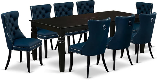 East West Furniture LGDA9-BLK-29 9 Piece Dinette Set Includes a Rectangle Dining Table with Butterfly Leaf and 8 Polyester Fabric Upholstered Chairs, 42x84 Inch, Black