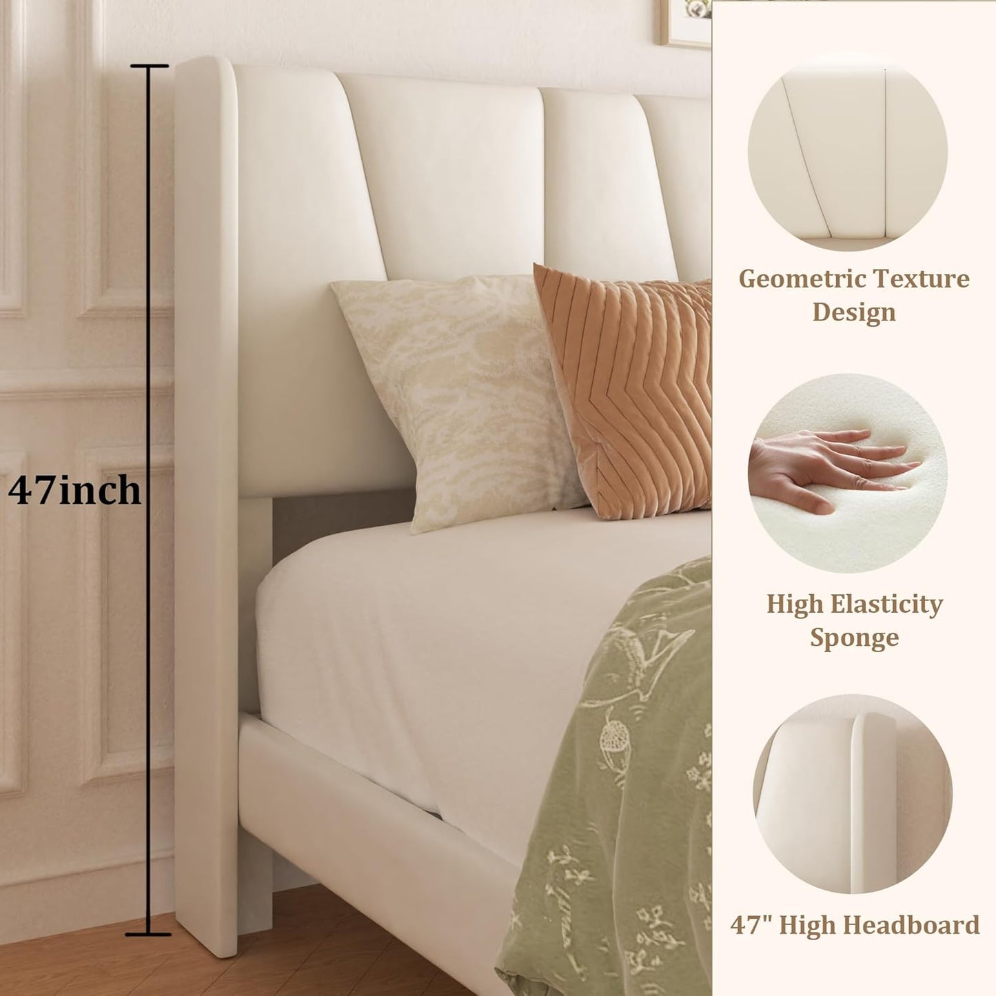 King Bed Frame with Storage Drawers, Upholstered Platform Bed with Headboard and Wingboard, No Box Spring Needed, NO Noise, Easy Assembly, Wooden Support Slats, Beige