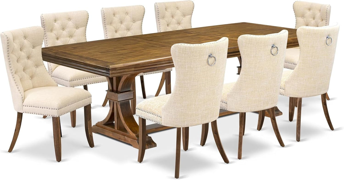 NEDA9-AWA-32 9-Piece Xtenczar Dining Table Set Includes a Rectangle Table and 8 Light Beige Polyester Fabric Dining Chairs, 44x100 Inch, Antique Walnut