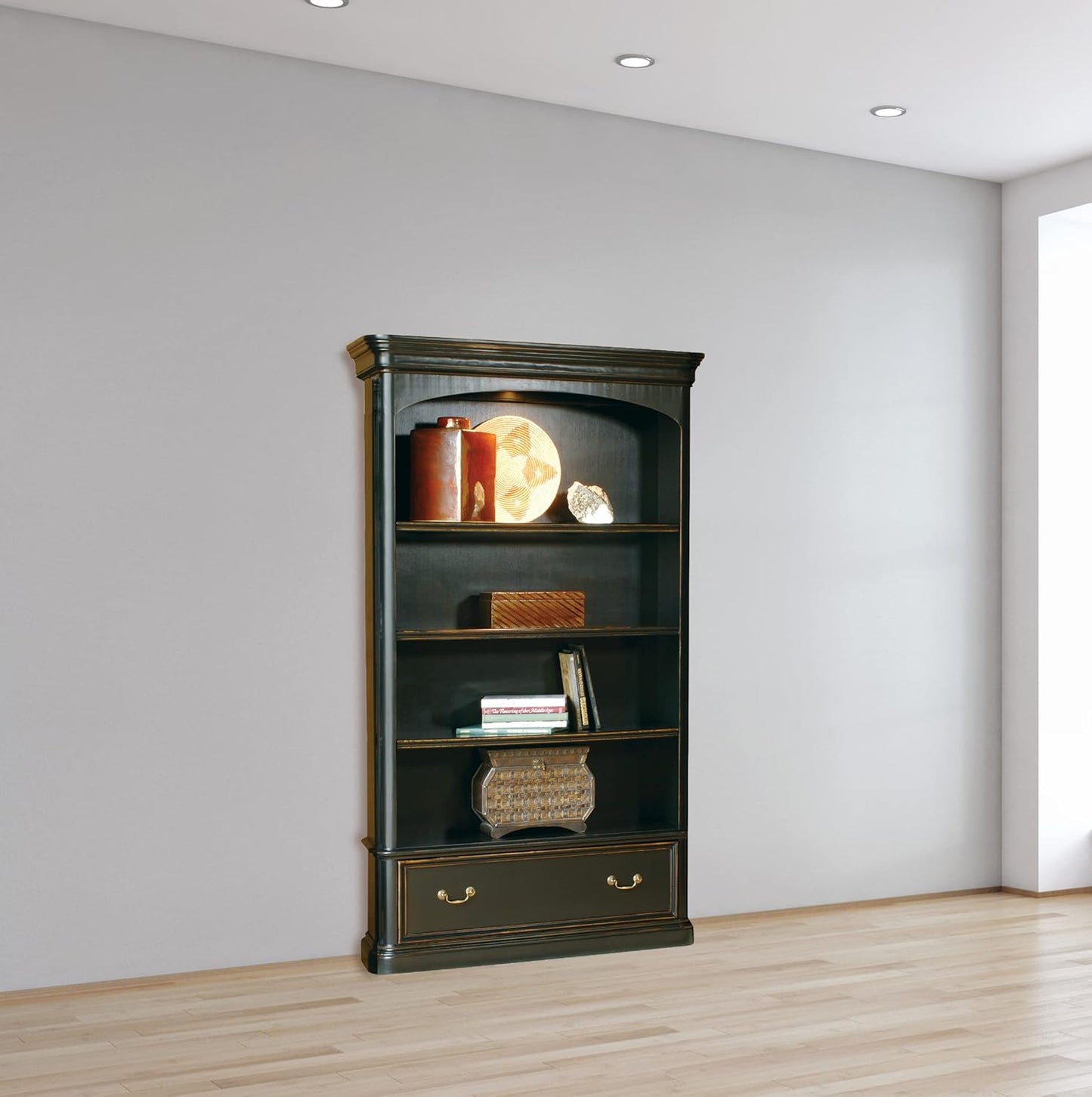 Hekman Furniture Louis Philippe Executive Center Bookcase – Tall Illuminated Wooden Bookcase Adjustable Shelves File Drawer & Glass Shelf Classic Distressed Finish for Office & Library