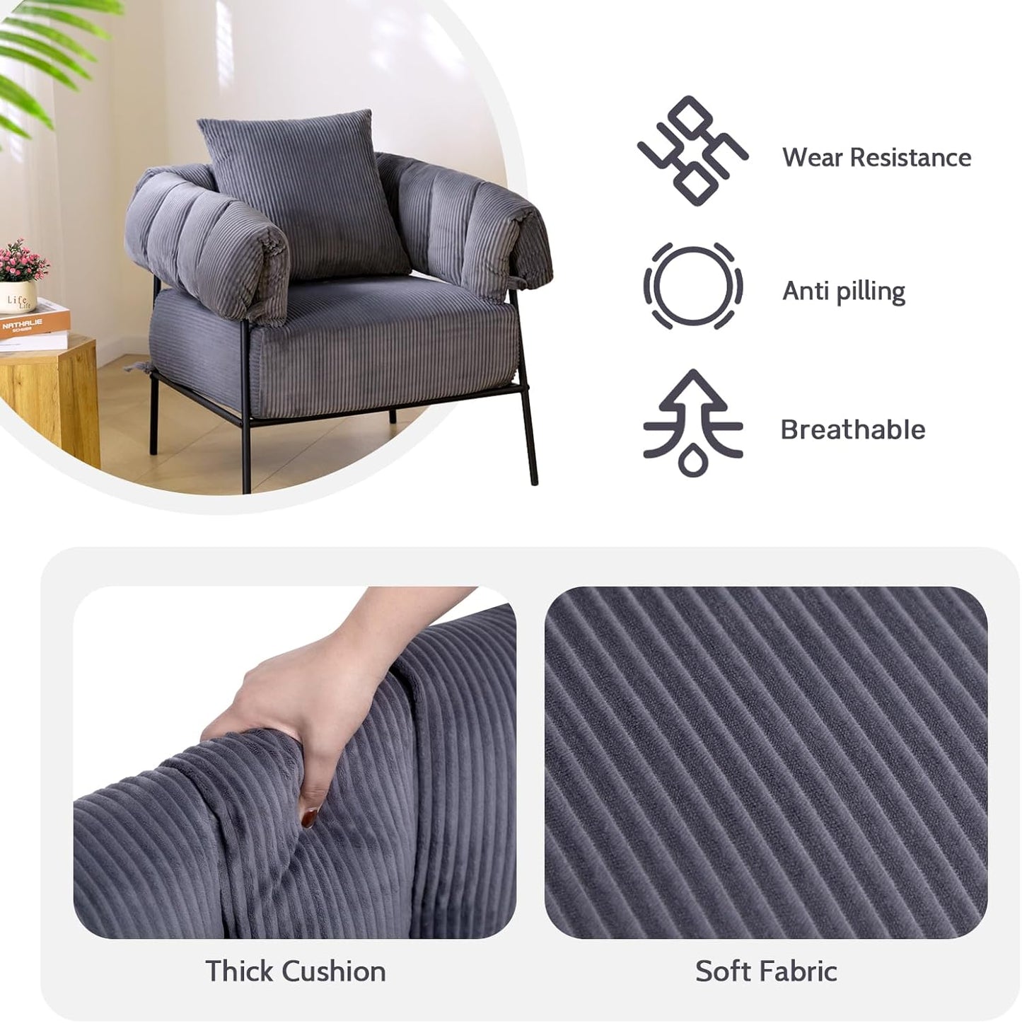 HollyHOME Modern Velvet Accent Chair with Ottoman, Upholstered Comfy Reading Chair and Footstool,Large Lazy Armchair with Stool, Lounge Sofa for Living Room, Bedroom, Dark Grey
