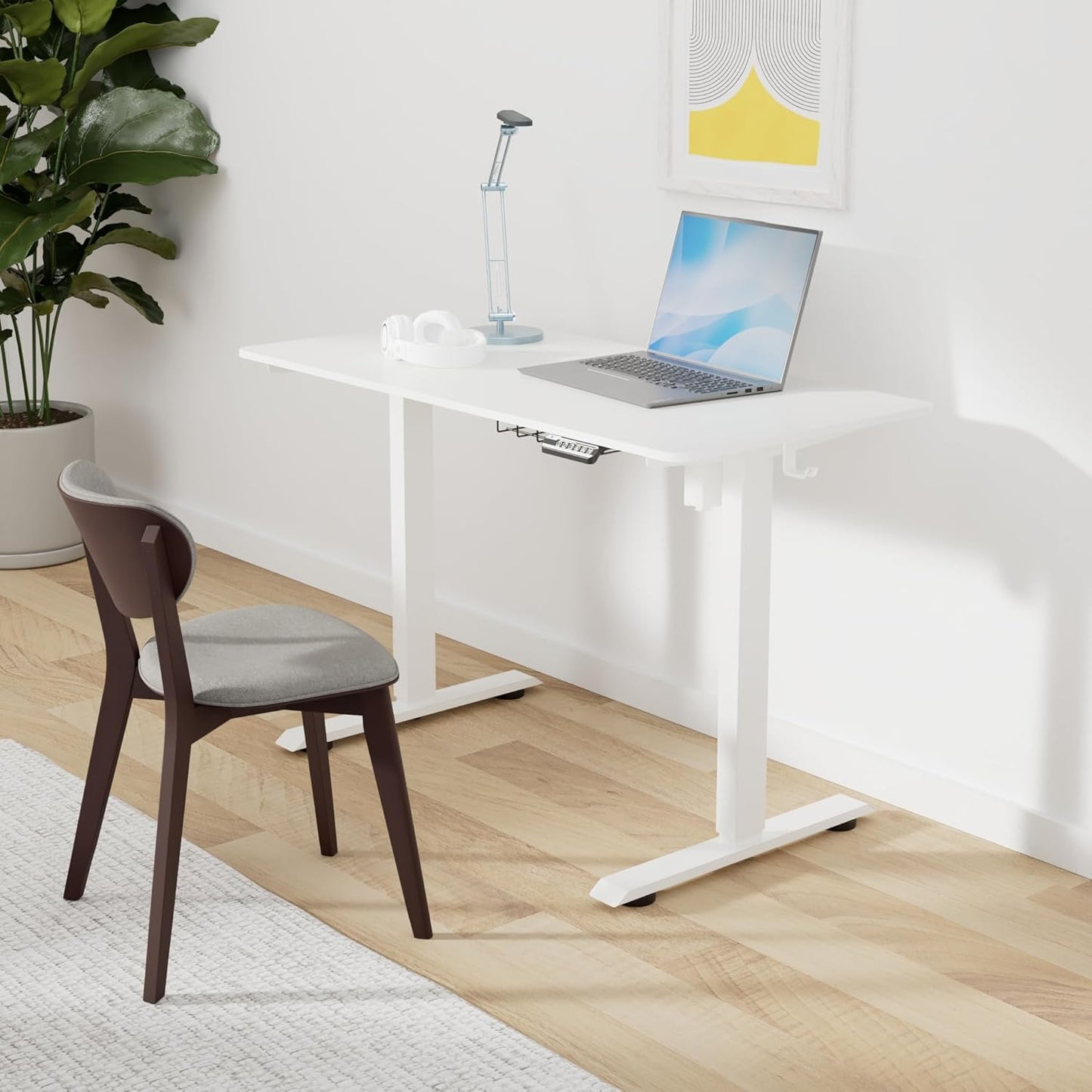 SHW 48-Inch Electric Height Adjustable Sit to Stand Desk with Hanging Hooks and Cable Management, White Frame and White Top