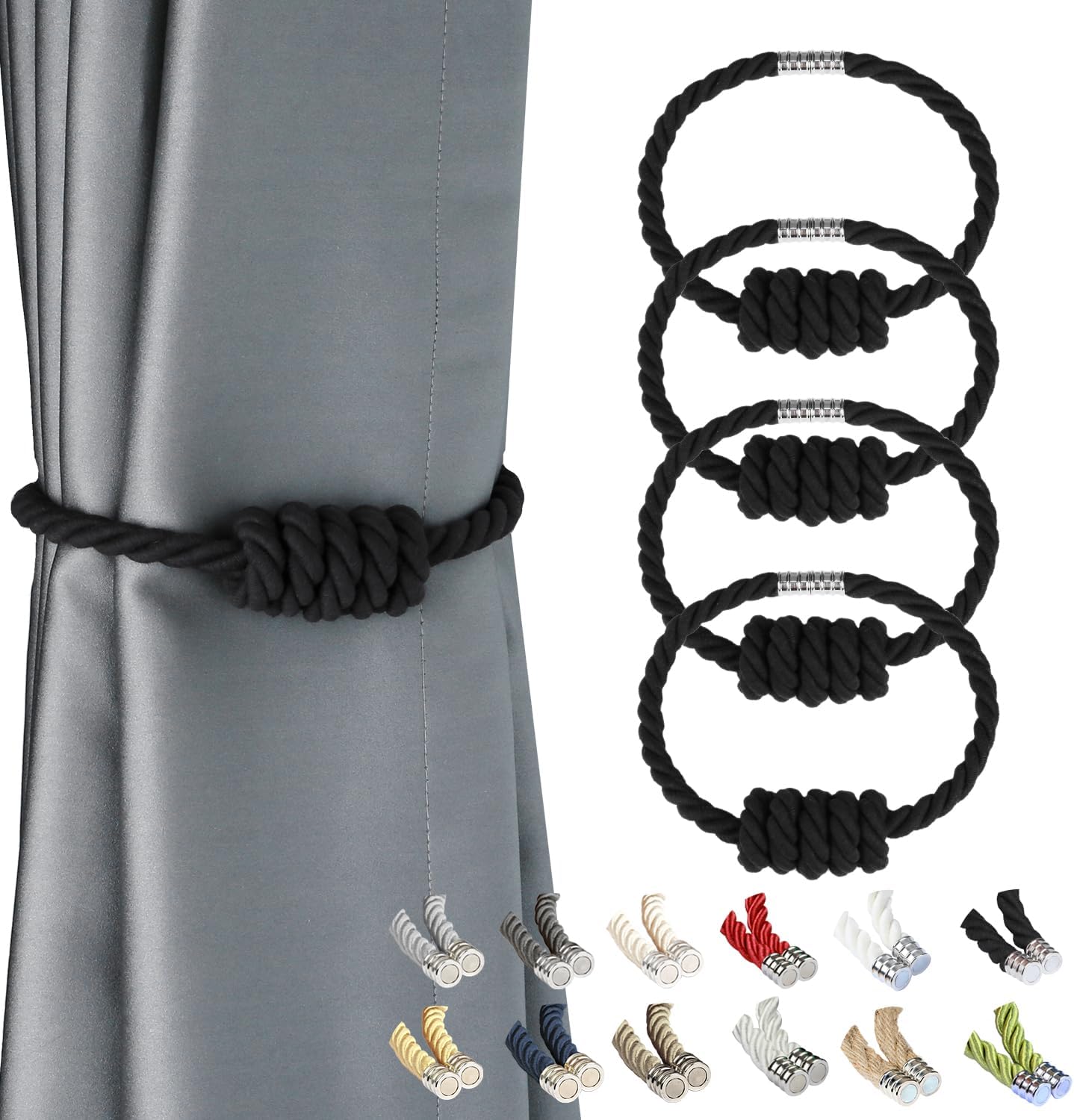 BEL AVENIR Magnetic Cotton Curtain Tiebacks, Decorative Drapery Holdbacks Modern Woven Tie-Backs with Exquisite Knot (Black Cotton, 4 Pack)