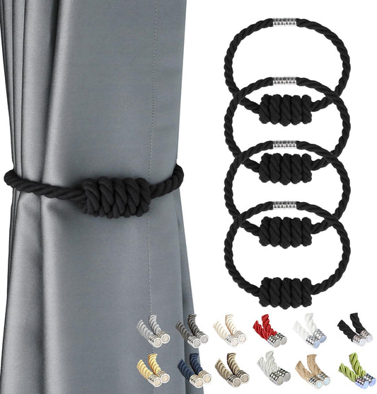 BEL AVENIR Magnetic Cotton Curtain Tiebacks, Decorative Drapery Holdbacks Modern Woven Tie-Backs with Exquisite Knot (Black Cotton, 4 Pack)
