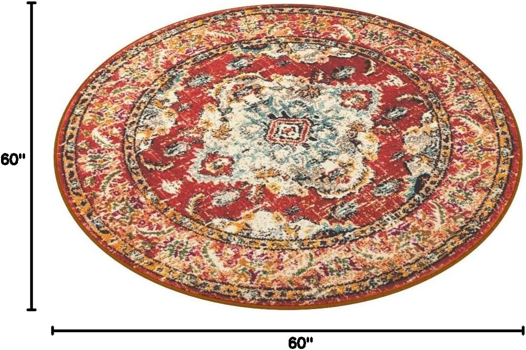 SAFAVIEH Monaco Collection Area Rug - 5' Round, Orange & Light Blue, Boho Chic Medallion Distressed Design, Non-Shedding & Easy Care, Ideal for High Traffic Areas in Living Room, Bedroom (MNC243H)