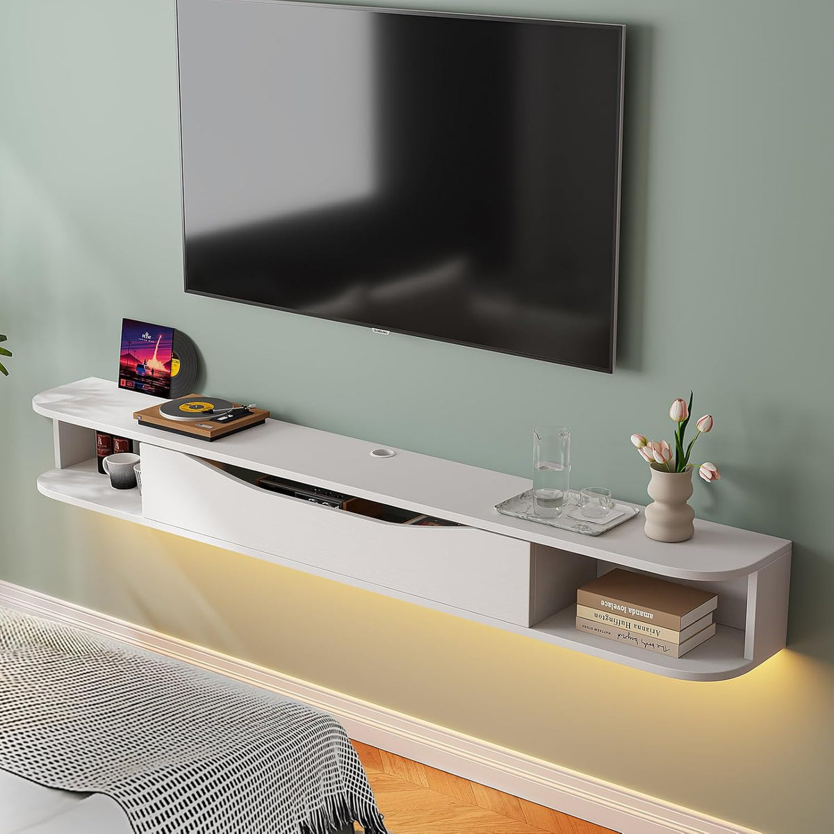 Floating TV Stand,94'' Wall Mounted TV Cabinet,Floating TV Console,Under TV Shelf with 1 Door and 2 Cabinets for TVs up to 90''(White)