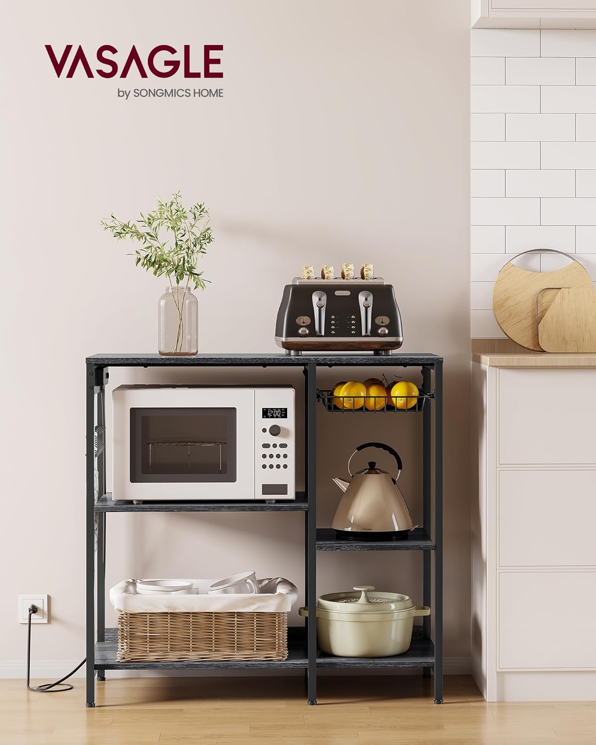 VASAGLE Baker's Rack, Coffee Bar Stand with Charging Station, Storage Shelves, Pull-Out Wire Basket, Table for Microwave, Kitchen, Charcoal Gray UKKS036B22, 15.7 x 35.4 x 35.6 Inches