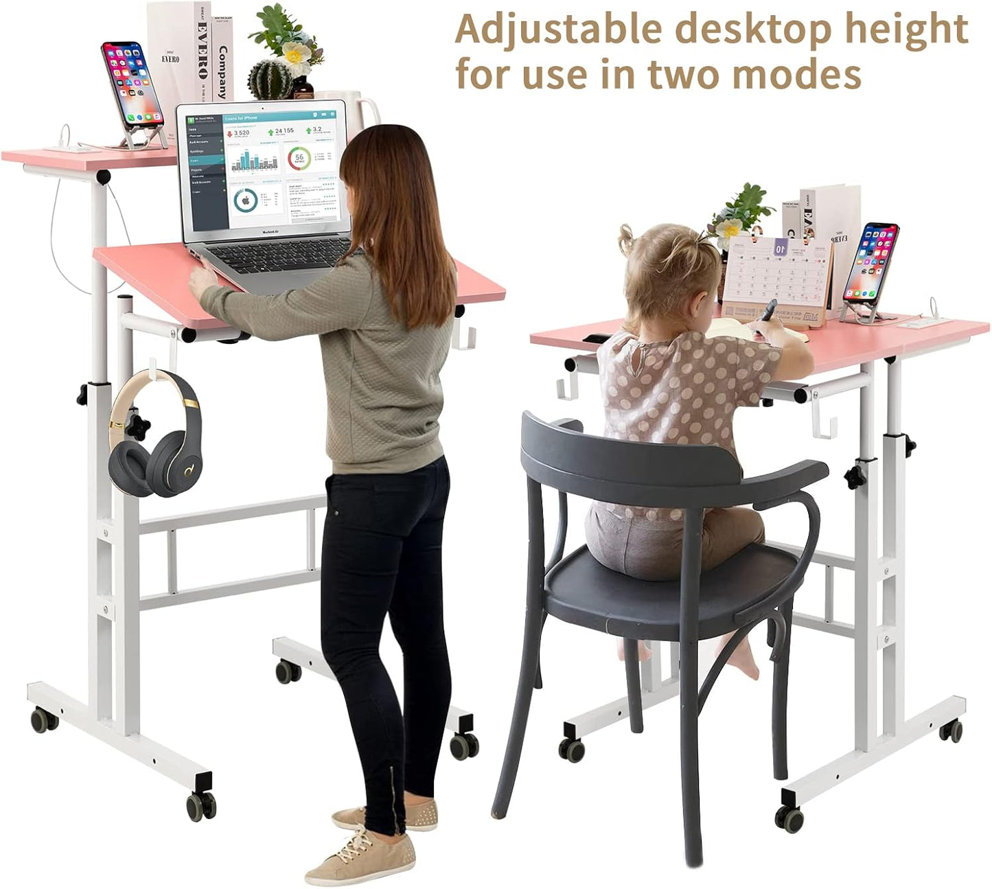 Hadulcet Mobile Standing Desk with Charging Station, Adjustable Standing Computer Desk, Standing Adjustable Laptop Cart with Wheels for Home Office Classroom, Pink