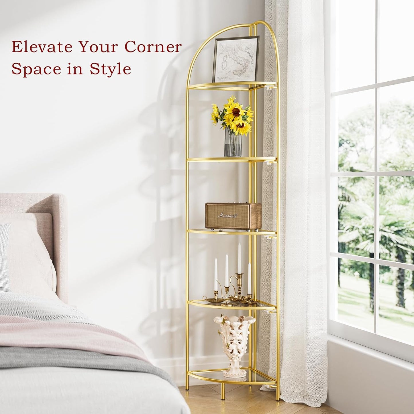 Crofy Foldable 5 Tier Corner Shelf, Metal Corner Plant Stand with Gold Frame and Transparent Shelves, Corner Display Rack Multipurpose Shelving Unit for Living Room, Bedroom, Bathroom