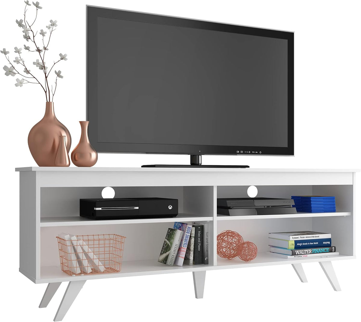 Madesa TV Stand Entertainment Center with 4 Shelves and Cable Management for 55, 65 Inch TV Media Storage Gaming Media Console Living Room and Bedroom Modern Wooden Television - White