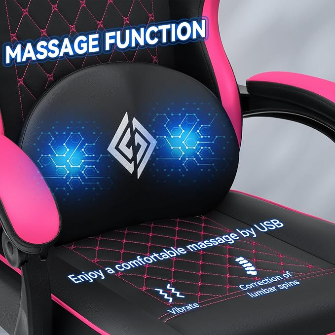 HOFFREE Gaming Chair with Speakers Massage Computer Gaming Chair with Pocket Spring Cushion for Adults Reclining Gamer Chair with Bluetooth Video Game Chairs with Footrest Pink and Black