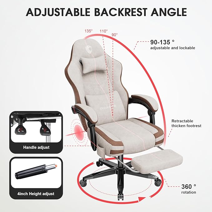 Gaming Chair, Fabric Computer Office Chair with Massage, Ergonomic Chair with Footrest Lumbar Support, Pocket Spring Widened Cushion Metal Legs 350LBS Beige