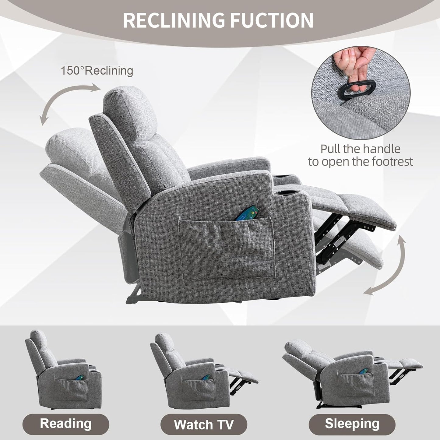 Phoenix Home Manual Recliner Chair Set of 2 with Massage and Heat, Ergonomic Overstuffed Breathable Fabric Recliner Single Sofa Seat with 2 Cup Holders, Living Room Lounge Recliners on Clearance, Gray