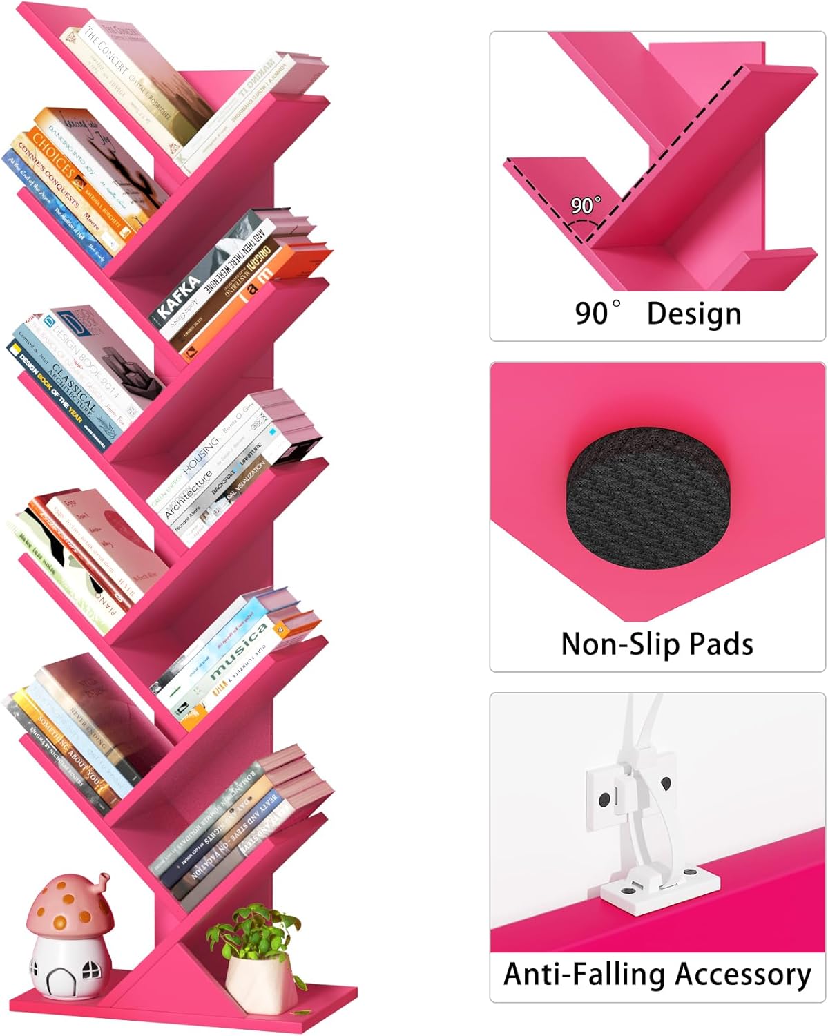 10 Tier Tree Book Shelf, Floor Standing Wood Bookshelf for Narrow Space, Storage Organizer Bookshelves for Books/CDs/Magazine, Bookcase with Shelves for Home Office, Living Room - Pink