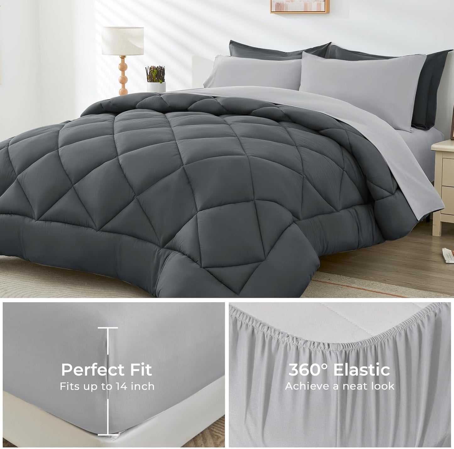 HEVUMYI Cali-King Comforter Set - 7-Piece All Season Bed in a Bag Cali-King, Ultra Soft Bedding Set with Comforter, Flat Sheet, Fitted Sheet, Pillowcases, Pillow Shams, Dark Grey & Light Grey