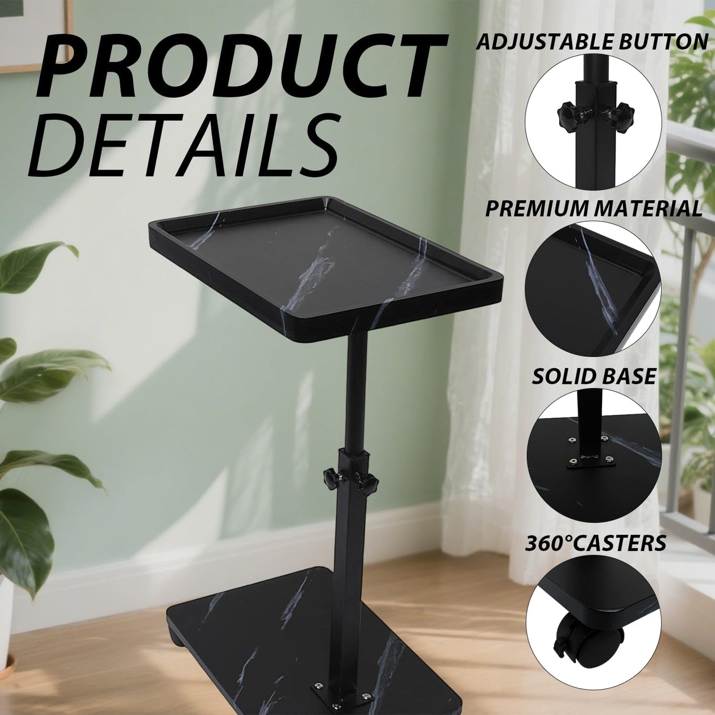 Simcat C Table End Table Adjustable Height, C Shaped Side Table with Wheels, 360° Swivel TV Tray Table, Sofa Side Tables for Small Spaces/Living Room/Bedroom/Bathtub/Hospital