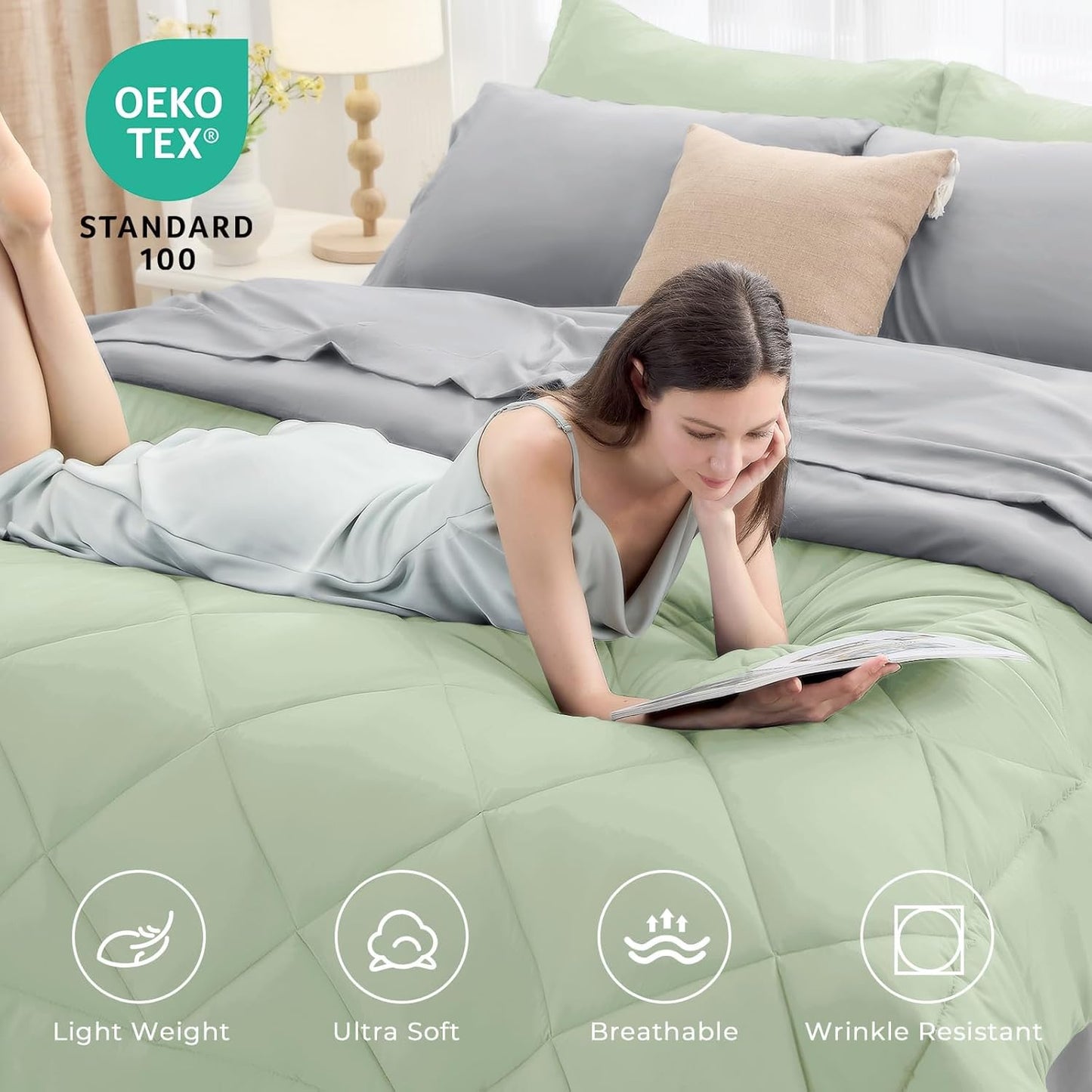 HEVUMYI Queen Comforter Set - 7-Piece All Season Bed in a Bag Queen, Ultra Soft Bedding Set with Comforter, Flat Sheet, Fitted Sheet, Pillowcases, Pillow Shams, Sage Green & Light Grey