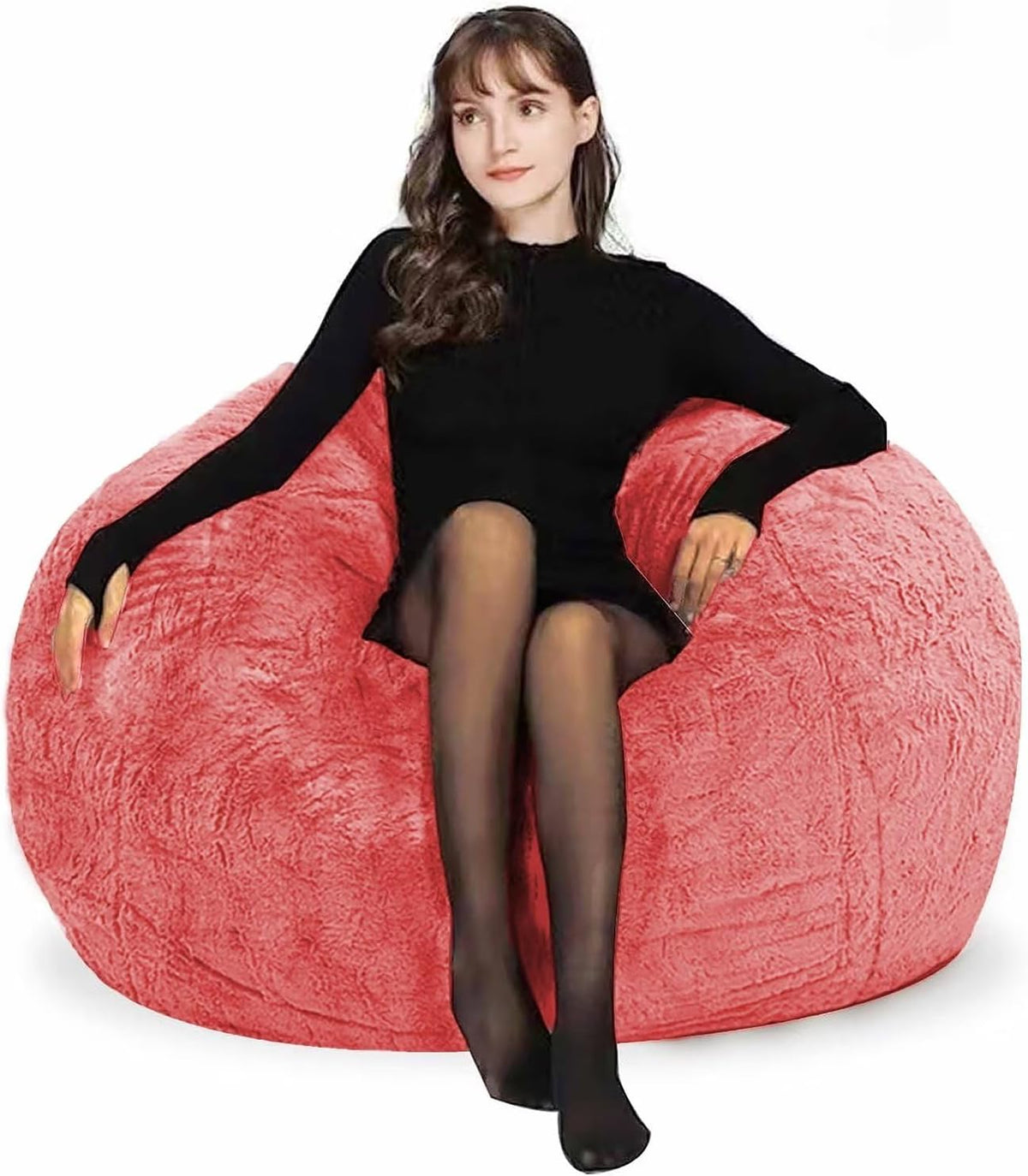Bean Bag Chairs for Kids Comfy Fluffy Big Joe Bean Bag Chair Cover Without Filler Round Sofa Chairs for Bedroom Living Room Decor, 5FT, Rose Red