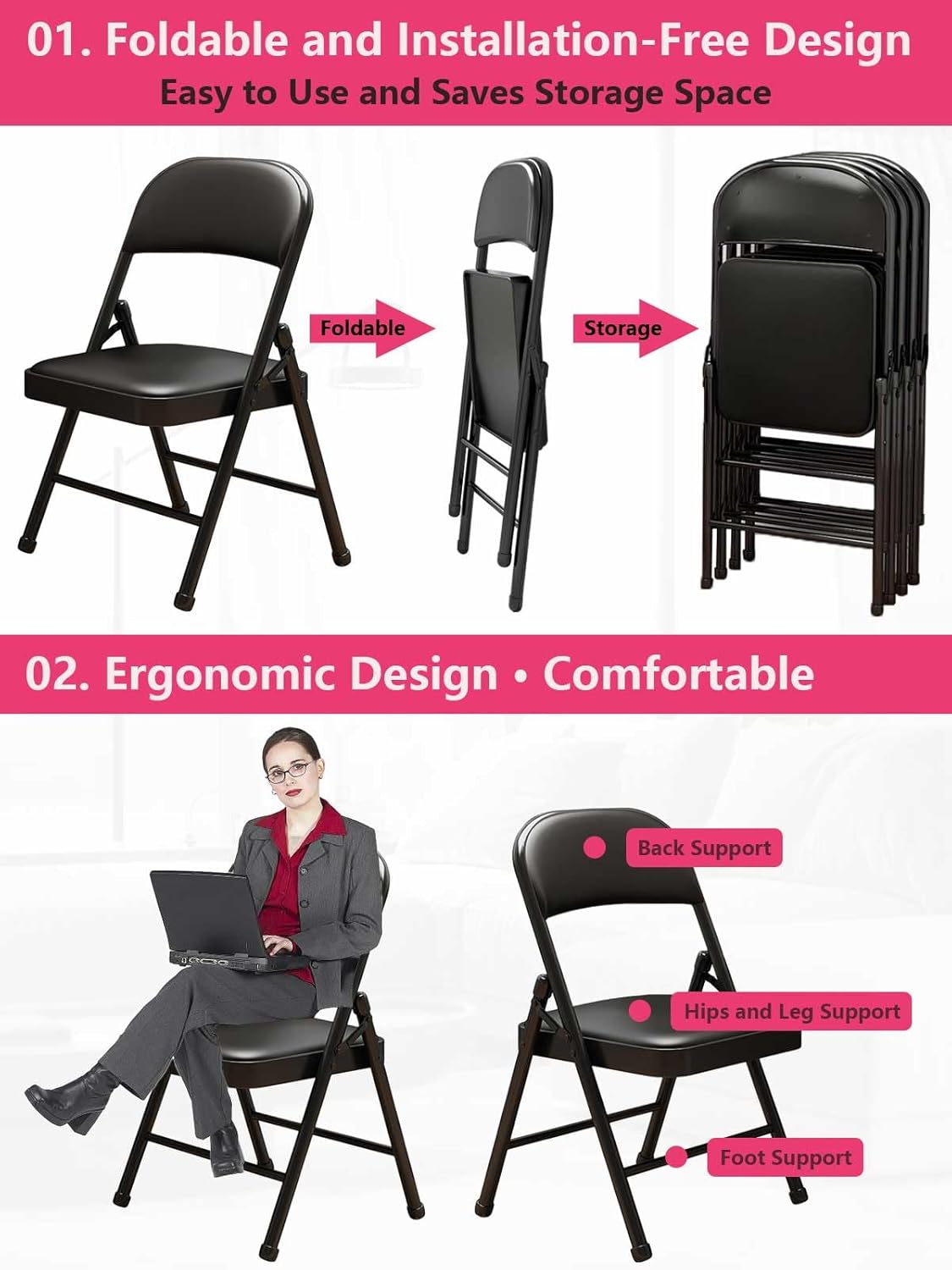 1 Pack Bulk Folding Chairs with Padded Cushion, Single Black Steel Metal Frame Foldable Chair for Indoor and Outdoor, Portable Stackable Commercial Seat for Bedroom Patio Party Event