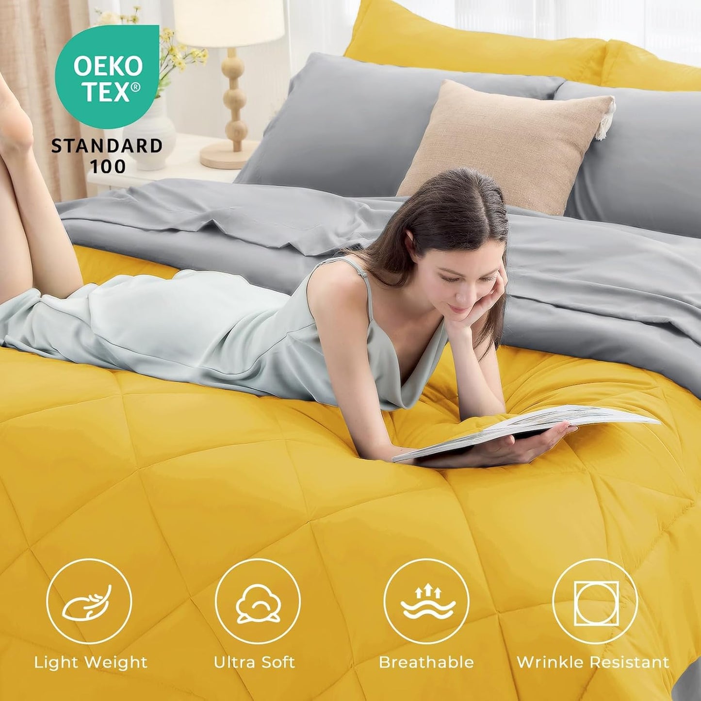 HEVUMYI Queen Comforter Set - 7-Piece All Season Bed in a Bag Queen, Ultra Soft Bedding Set with Comforter, Flat Sheet, Fitted Sheet, Pillowcases, Pillow Shams, Yellow & Light Grey